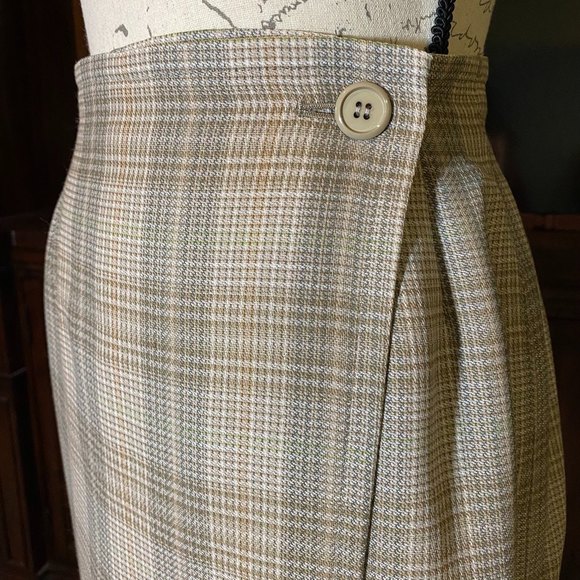 Paco Rabanne Paris Wrap Around Plaid Skirt Size M Tan Grey Brown - Picture 3 of 9
